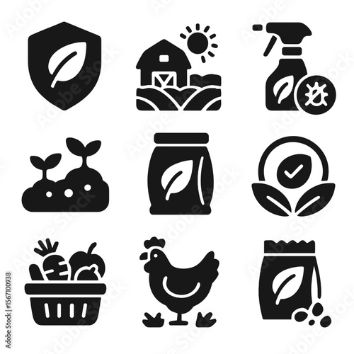 Organic Icons Set. Solid, filled icons set of organic food production: non-GMO label, organic farm icon,