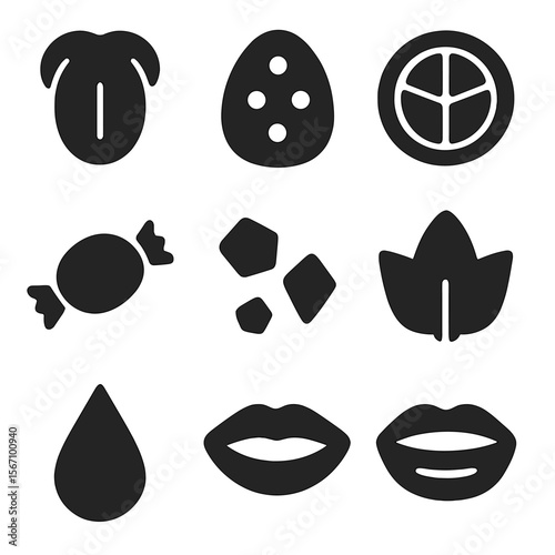 Taste Icons Grid. Solid, filled icon set of the sense of taste: tongue, taste bud, sour icon, sweet icon, salty icon, bitter icon,