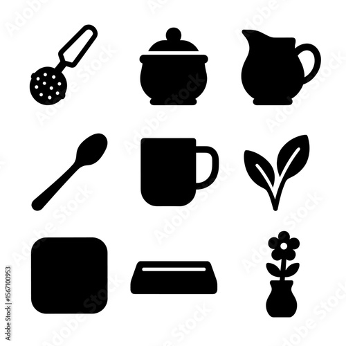 Tea Icons Collection. Solid, filled icon set of tea accessories and ambiance: tea infuser, sugar bowl, milk jug, teaspoon, ceramic