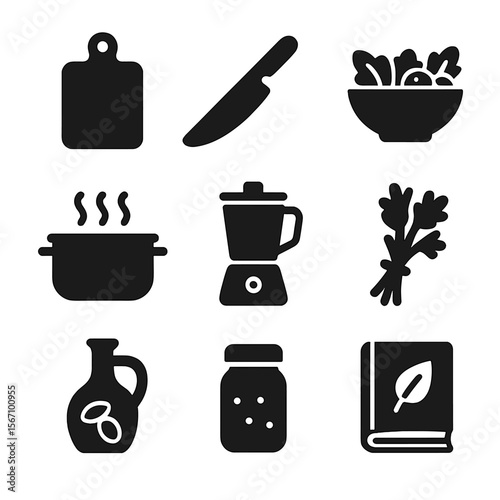 Organic Cooking Icons. Solid, filled icons set of organic produce preparation and cooking: chopping board,
