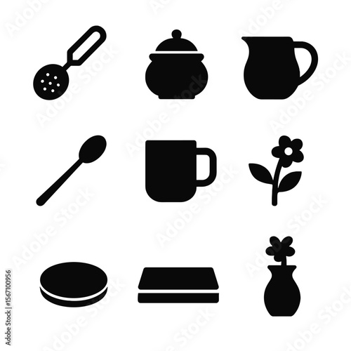 Tea Icons Collection. Solid, filled icon set of tea accessories and ambiance: tea infuser, sugar bowl, milk jug, teaspoon, ceramic