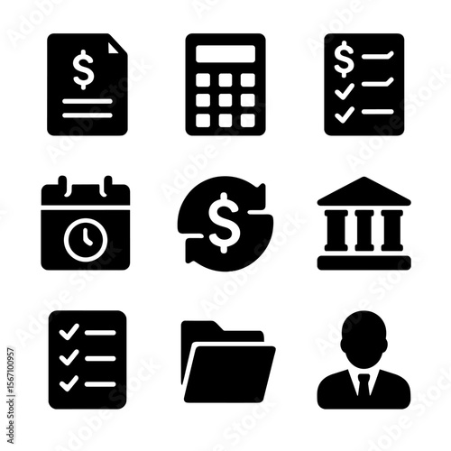 Tax Preparation Icons. Solid, filled icon set of tax preparation: tax form, calculator, deduction list, IRS building, calendar