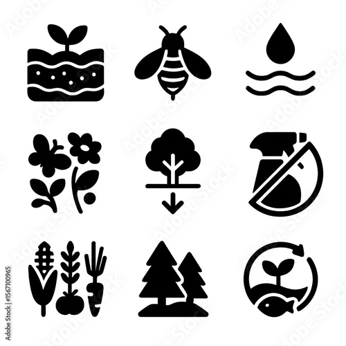 Organic Farming Icons. Solid, filled icons set of environmental benefits of organic farming: soil health,