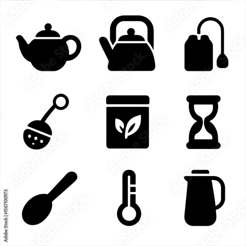 Tea Essentials Icons. Solid, filled icon set of tea brewing essentials: teapot, tea kettle, tea bag, tea infuser, loose leaf tin,
