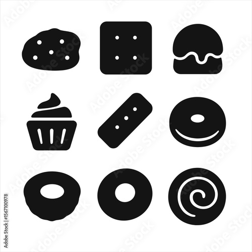 Tea Dessert Icons. Solid, filled icon set of tea-themed desserts: scone, biscuit, tea cake, cupcake, shortbread, jam tart, macaron