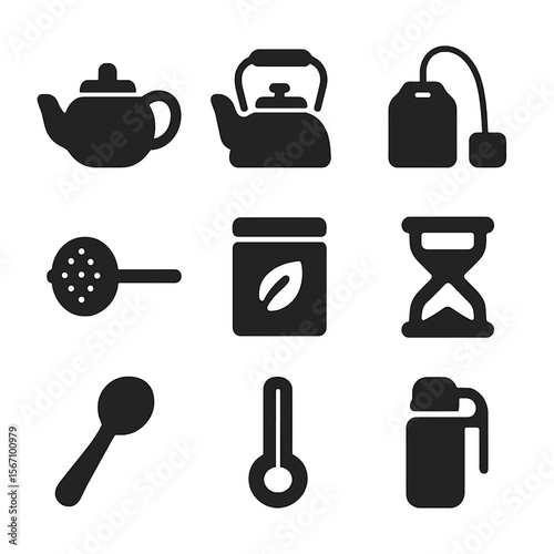 Tea Essentials Icons. Solid, filled icon set of tea brewing essentials: teapot, tea kettle, tea bag, tea infuser, loose leaf tin,