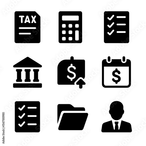 Tax Preparation Icons. Solid, filled icon set of tax preparation: tax form, calculator, deduction list, IRS building, calendar