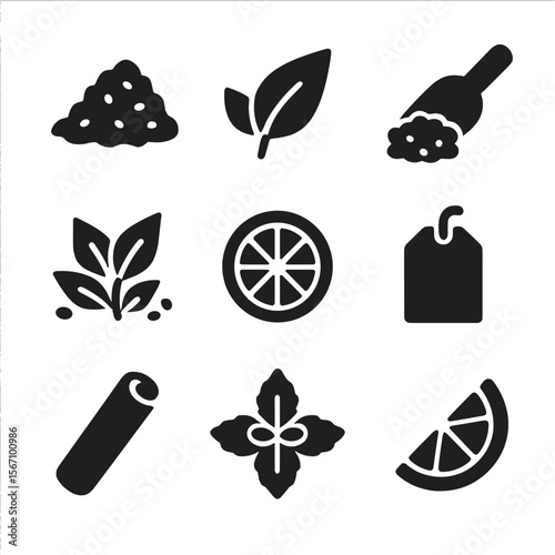 Tea Flavor Icons. Solid, filled icon set of tea leaves and flavors: loose tea pile, green tea leaf, black tea scoop, herbal mix,