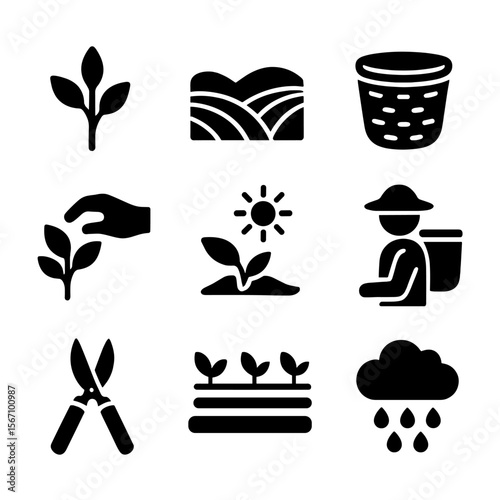 Tea Harvest Icons. Solid, filled icon set of tea-growing and harvesting: tea bush, plantation hills, tea basket, hand picking leaf