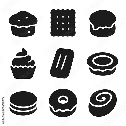 Tea Dessert Icons. Solid, filled icon set of tea-themed desserts: scone, biscuit, tea cake, cupcake, shortbread, jam tart, macaron