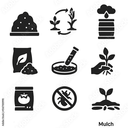 Organic Farming Icons. Solid, filled icons set of organic farming methods: compost pile, crop rotation, rain