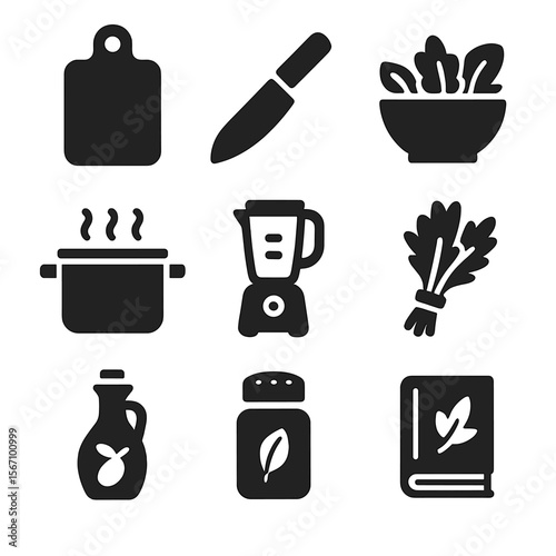 Organic Cooking Icons. Solid, filled icons set of organic produce preparation and cooking: chopping board,