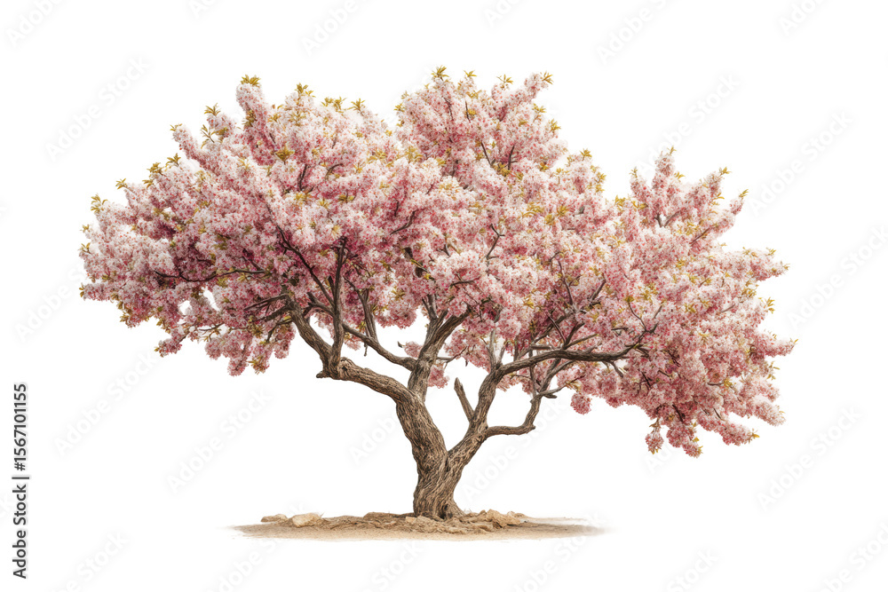 Fototapeta premium PNG Blooming pink cherry blossom tree in full spring glory on white background