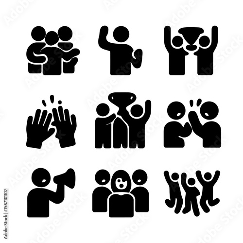 Team Celebration Icons. Solid, filled icon set of team celebration moments: group hug, cheer gesture, hands raised, shared trophy,