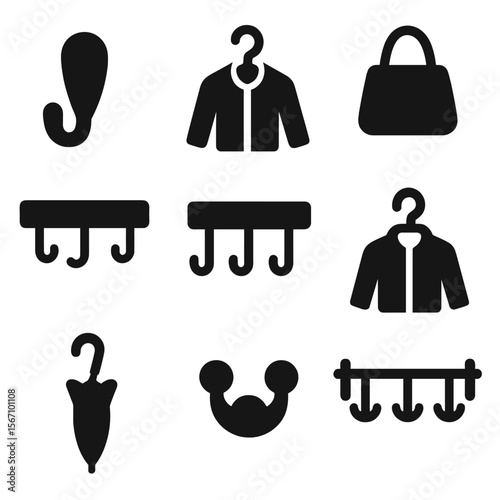 Organizational Hooks Icons. Solid, filled icons set of using hooks to organize bags and coats: wall hook, coat