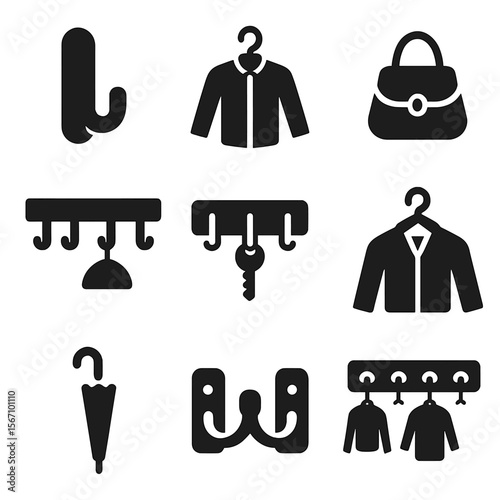 Organizational Hooks Icons. Solid, filled icons set of using hooks to organize bags and coats: wall hook, coat