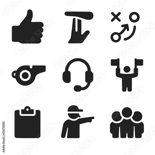 Team Communication Icons. Solid, filled icon set of team communication and signals: hand signs, timeout gesture, play call,
