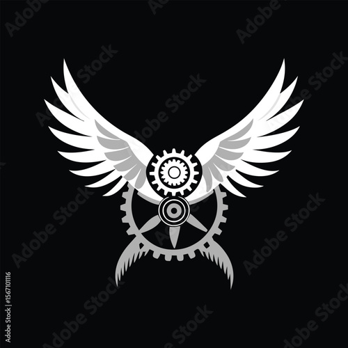 Mechanical gear wings vector, steampunk clock parts design, futuristic machinery wings illustration, detailed mechanical wings artwork