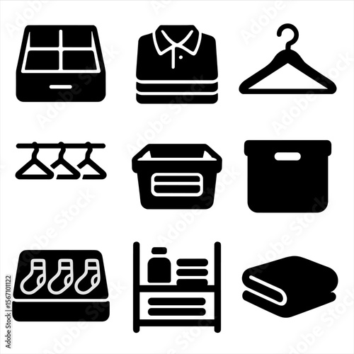 Organize Clean Clothes Icons. Solid, filled icons set of organizing clean clothes: drawer divider, shirt stack