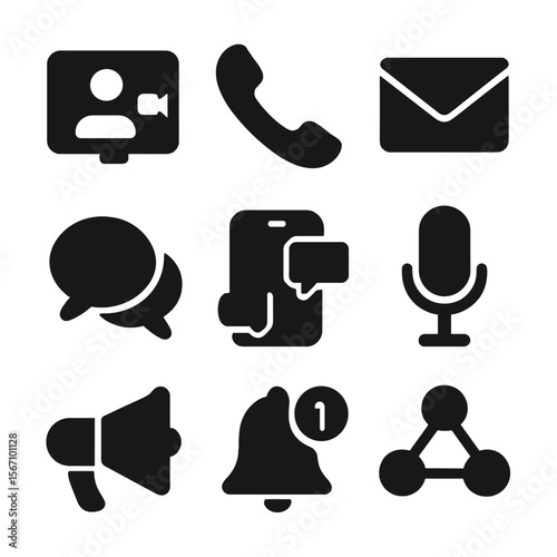Team Communication Icons. Solid, filled icon set of team communication: video call, phone, email, speech bubbles, chat app,