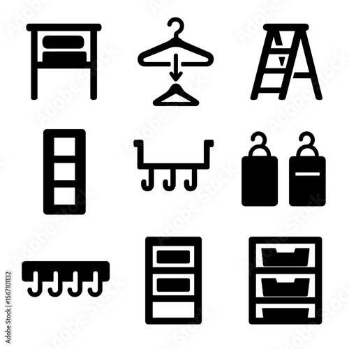 Organized Closet Icons. Solid, filled icons set of maximizing vertical closet space: high shelf, pull-down