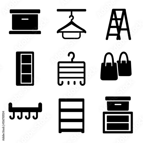 Organized Closet Icons. Solid, filled icons set of maximizing vertical closet space: high shelf, pull-down