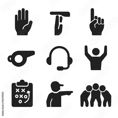 Team Communication Icons. Solid, filled icon set of team communication and signals: hand signs, timeout gesture, play call,