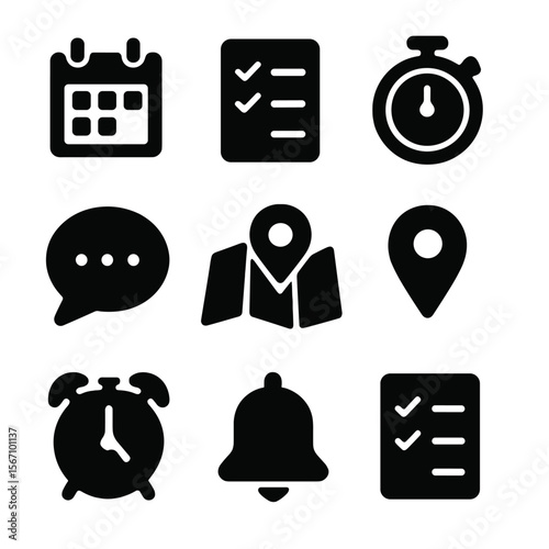 Team Coordination Icons. Solid, filled icon set of team coordination activities: calendar, checklist, timer, chat bubble, map,