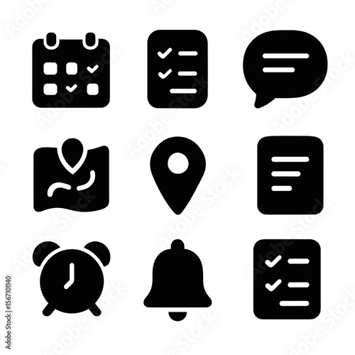 Team Coordination Icons. Solid, filled icon set of team coordination activities: calendar, checklist, timer, chat bubble, map,