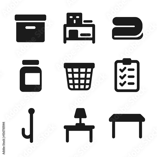 Organized Living Icons. Solid, filled icons set of decluttered and organized living spaces: storage box, tidy
