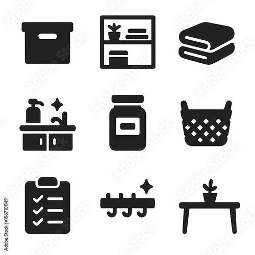Organized Living Icons. Solid, filled icons set of decluttered and organized living spaces: storage box, tidy