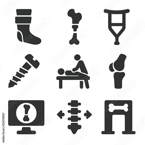 Orthopedic Icon Grid. Solid, filled icons set of medical and orthopedic uses: orthopedic brace, bone implant,
