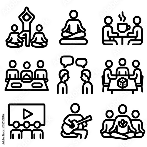Team Relaxation Icons. Solid, filled icon set of team relaxation activities: yoga session, meditation, coffee break, team lunch,