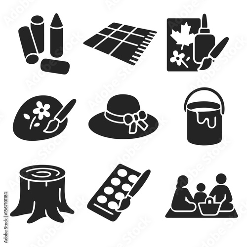 Outdoor Bonding Icons. Solid, filled icons set of outdoor creative bonding: sidewalk chalk, picnic mat, nature