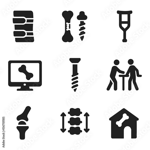 Orthopedic Icon Grid. Solid, filled icons set of medical and orthopedic uses: orthopedic brace, bone implant,