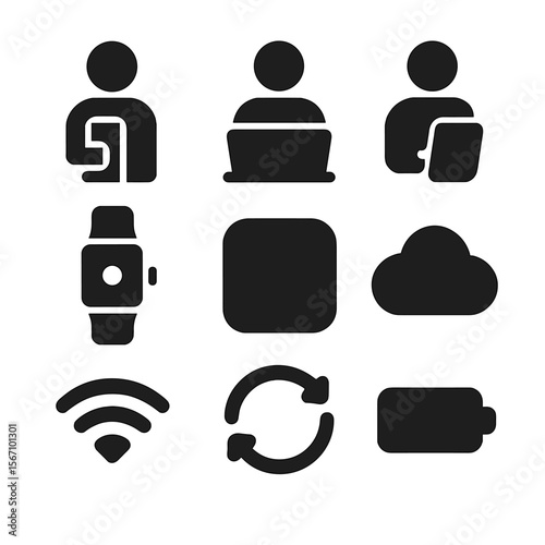 Tech Device Icons. Solid, filled icon set of persona technology usage: smartphone, laptop, tablet, smart watch, app icon, cloud