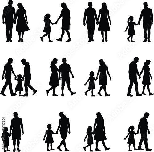 Families walking silhouettes parents children grandparents