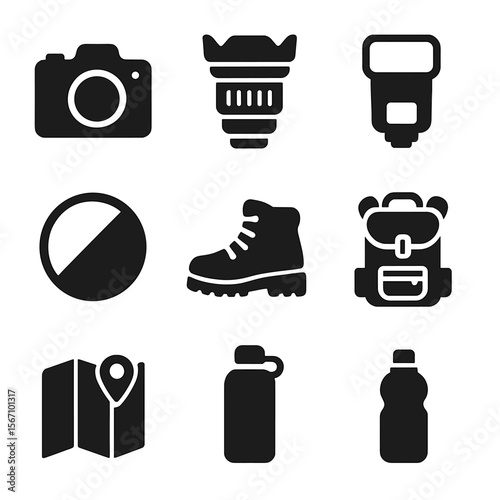 Outdoor Photography Gear Icons. Solid, filled icons set of outdoor photography gear: camera body, wide-angle