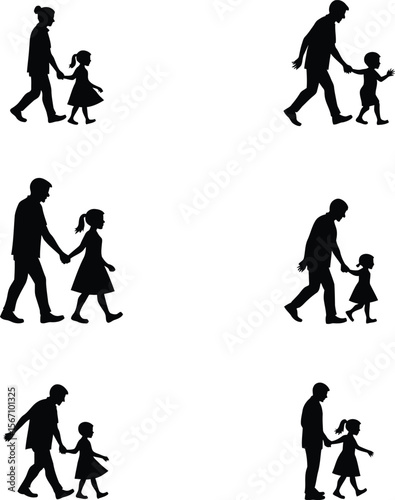 Silhouettes of grandparents walking with granddaughters holding hands