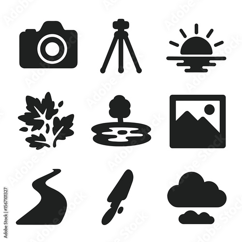 Outdoor Photography Icons. Solid, filled icons set of outdoor photography in fall: DSLR camera, tripod,