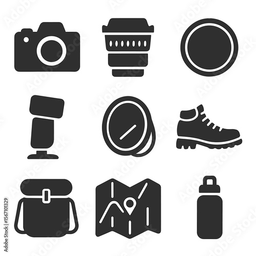 Outdoor Photography Gear Icons. Solid, filled icons set of outdoor photography gear: camera body, wide-angle