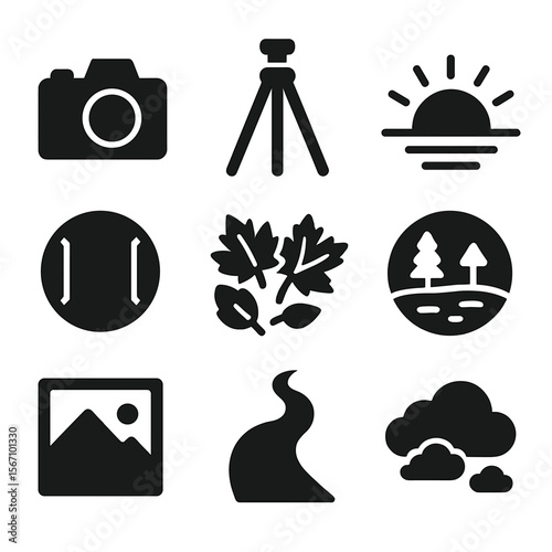 Outdoor Photography Icons. Solid, filled icons set of outdoor photography in fall: DSLR camera, tripod,