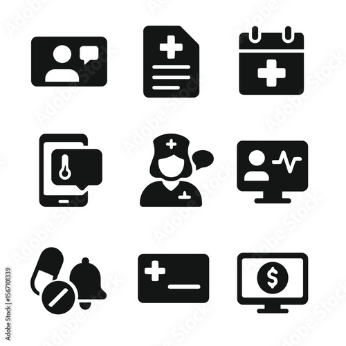 Telehealth Icon Set. Solid, filled icon set of telehealth services: video call, medical report, appointment calendar, symptom