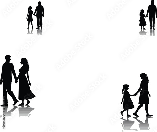 Silhouette families walking holding hands grandparents granddaughter
