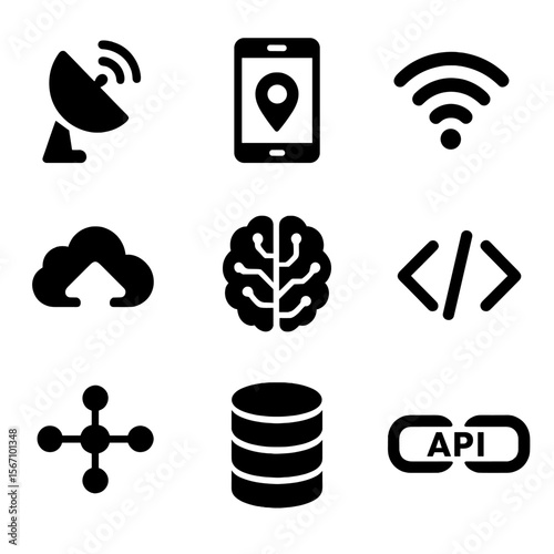 Technology Icon Grid. Solid, filled icon set of technology in routing: satellite dish, smartphone GPS, wireless signal, cloud