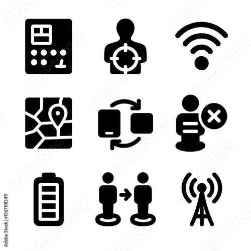 Teleport Control Icons. Solid, filled icon set of teleport control systems: input panel, target lock, signal waves, digital map,