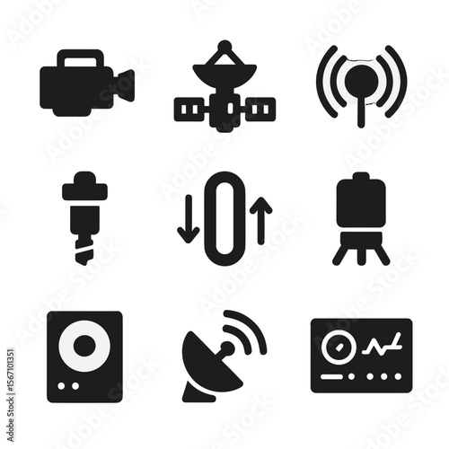 Outer Solar Icons Grid. Solid, filled icons set of remote sensing and data collection in the outer solar