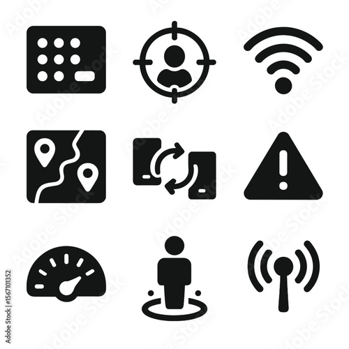 Teleport Control Icons. Solid, filled icon set of teleport control systems: input panel, target lock, signal waves, digital map,