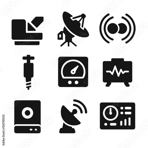 Outer Solar Icons Grid. Solid, filled icons set of remote sensing and data collection in the outer solar