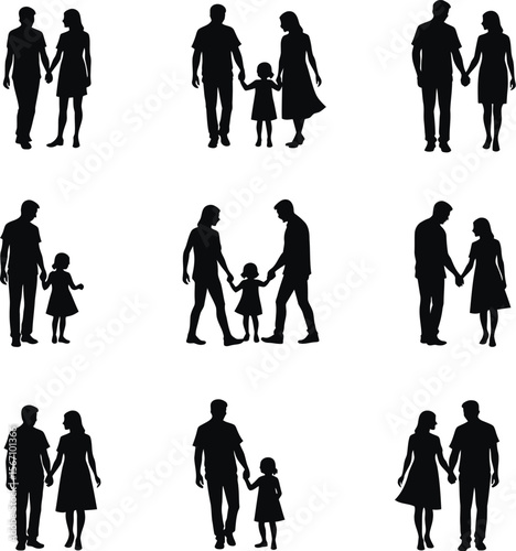 Happy families silhouettes parents children grandparents walking